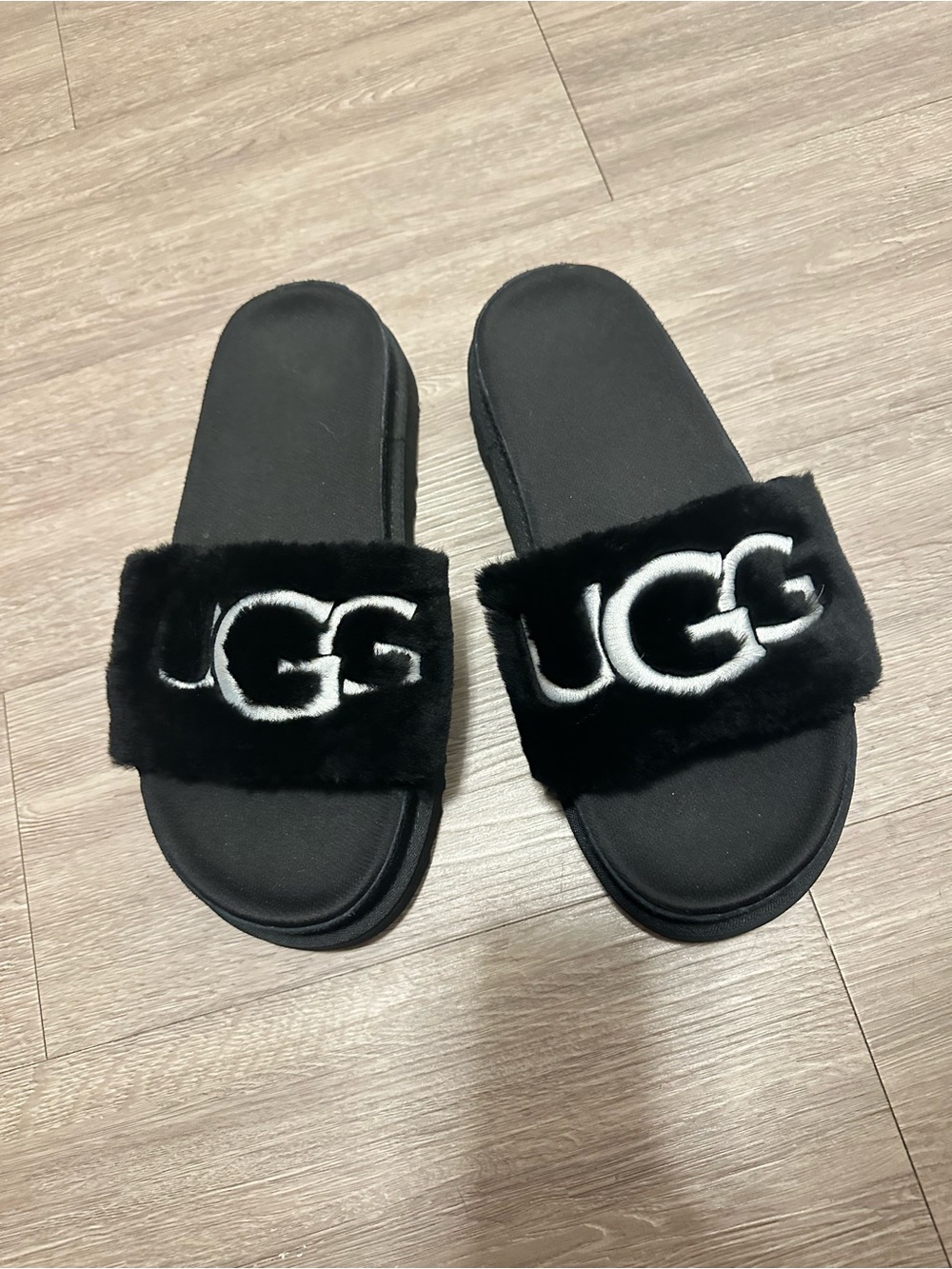 UGG Black Plush Fur Slide Sandals with White Logo